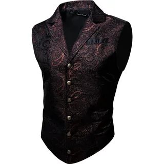Barry.Wang Herren Weste, Paisleymuster, viktorianischer Stil, formell/Freizeit, taillierter Kragen, schlanke Passform, Steampunk, Gothic, Smoking Weste, Rot, schwarz, Medium
