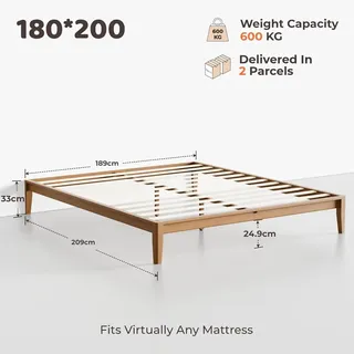 Bambus Bettgestell - Massivholzbett 180x200 cm - Stecksystem ohne Werkzeug - Geräuschlos knarrfrei - Modern minimalistisches Design - Natur Bambus