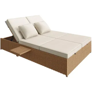Urban Meuble Doppel-Sonnenliege 199 cm Polyrattan Natur Gartenliege für 2 Personen mit verstellbarer Rückenlehne & Polster , Weiß , Metall , Rechteckig , 199x37x120 cm , Gartenmöbel, Loungemöbel, Gartensofas & Loungesofas
