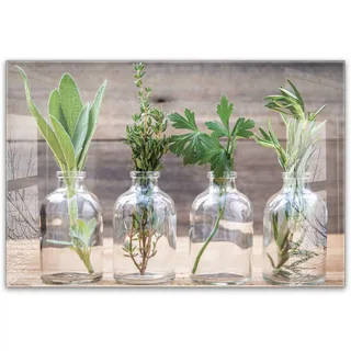 timalo Küchenbild aus Acrylglas modernes Wandbild Glasbild Deko Küche XXL Acryl-Bild wie Glas | 60x40cm Kräuter im Glas, Küchenkräuter in Glasflaschen