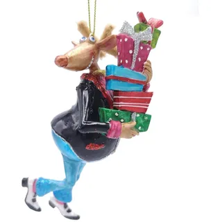 Gift Company Christbaumschmuck Rentier mit Geschenken aus Glas in Mehreren Farben, Maße: 5,5cm x 6cm x 15cm, 12049