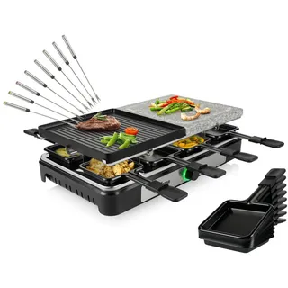 setpoint Tristar Raclette, 8 Raclettepfännchen, 1400 W, Tischgrill Grill- & Steinplatte 5in1 Gerät Steingrill für 2-8 Personen schwarz|silberfarben