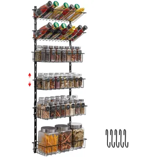 X-cosrack Gewürzregal Wandhalterung 6 Etagen mit Haken, Platzsparender Gewürz-Organizer für Gewürzgläser und Gewürze, Höhenverstellbares hängendes Gewürzregal Aufbewahrung für Küche Speisekammer