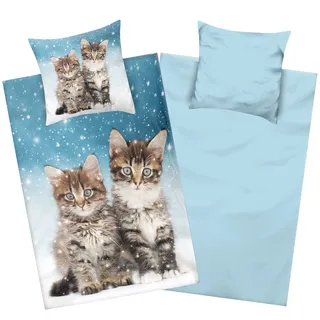 Aminata kids Bettwäsche Katze Biber 135x200 Kinder Baumwolle Katzen-Tier-Motiv, Reißverschluss warm & kuschelig, Flanell-Winter-Bettwäsche-Set - Kater Katzenbettwäsche Tiermotiv Kätzchen