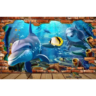 Fototapete PAPERMOON "3D DESIGN Delfine im Meer", bunt, B:3,5m L:2,6m, Vlies, Tapeten, Fototapete