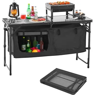 Vevor Camping Küchentisch klappbarer Kochtisch Outdoor, 3-Fach höhenverstellbar, tragbare Kochstation aus Aluminium mit Organizer & Tragegriff, für Grillpartys Picknicks Wohnmobilreisen Schwarz