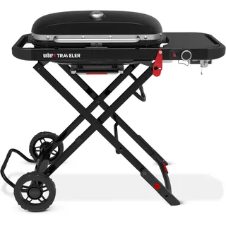Weber Traveler Gasgrill (2026) / Tragbares klappbares Design mit Rädern, Automatische Deckelarretierung und Deckelthermometer, 1 Brenner, 111 cm breit, 2065cm2 Grillfläche, Schwarz