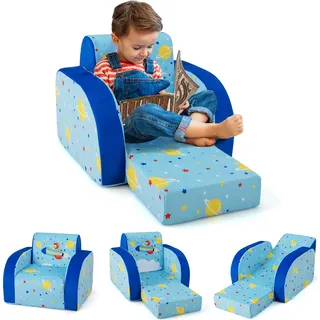 COSTWAY 3 in 1 Kindersofa klappbar Kindersessel Schlafsofa mit abnehmbarem Bezug (Raumschiff) - Blau