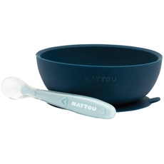 Nattou Silikon-Geschirr für Kinder, Rutschfeste Schale + Löffel, BPA-frei, Silicon, Marineblau/Hellblau