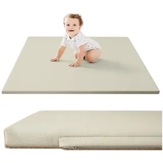 Hakuna Matte Stylische Spielmatte für Baby aus veganem Leder 120x120x2,5cm, Creme – Krabbelmatte für Baby mit Memory-Schaum und rutschfester Unterseite – pflegeleichte, schadstofffreie Krabbeldecke für Baby