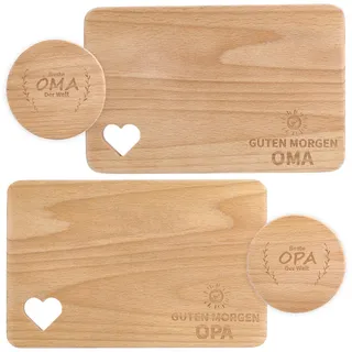 Oma und Opa Geschenke Frühstücksbrettchen Personalisiert Frühstücksbrettchen Holz Mit Gravur Set, 2× Frühstücksbrett mit 2× Untersetzer Personalisierte Gravur Für Großeltern Geschenkidee