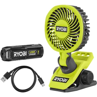 RYOBI 4 V USB-LITHIUM Akku-Clip-Ventilator RCF4-120G, 325°C drehbarer und um 180°C schwenkbarer Kopf, inkl. 1 x 4 V 2,0 Ah Akku und USB-C Ladekabel