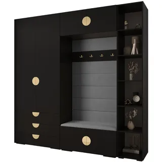 Abiks Möbel Garderoben-Set 236,7/240/47 , Schwarz, Grau, Goldfarben , Metall , Nachbildung , 13 Fächer , 240x236.7x47 cm , Garderobe, Garderoben-Sets & Garderoben-Serien, Garderoben-Sets