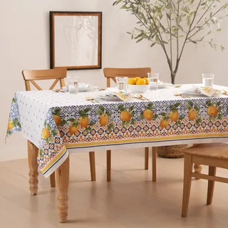 Elrene Home Fashions Capri-Zitrone, Tischdecke aus Stoff mit doppeltem Rand im mediterranen Stil für Frühling, Sommer, rechteckig, 152 x 305 cm
