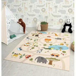 The CarPET Happy Life Kinderzimmer, Kinderteppich, Spielteppich, Straßenteppich, Straße, Dschungel, Tiere, Auto, Beige, 140 x 200 cm