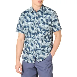 Amazon Essentials Herren Schmal Geschnittenes Bedrucktes Hemd Mit Kurzen Ärmeln Und Knopfleiste, Marineblau Palmenwedel, XL