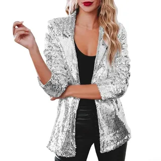 SPORTARC Nightclub Pailletten Blazer Damen Schimmer Glitzer Jacke Mantel Outerwear (XL Silber)