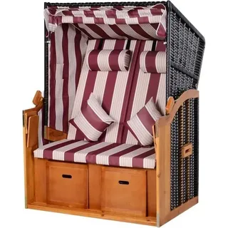 PureHaven Strandkorb 118x79x150 cm für 2 Personen elegantes Design inkl. Rücken- und Sitzkissen verstellbare Rückenlehne Klapptische und Fußstützen - Rot, Weiß