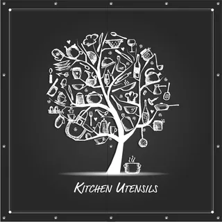 Wallario Outdoor-Poster für Garten oder Balkon, Motiv Kitchen Utensils - Baum aus Küchenutensilien in schwarz weiß, in ca. 180 x 180 cm - Schwarz