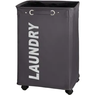 WENKO Wäschesammler Quadro Grau, Stabiler schmaler Wäschekorb mit Vier leichtgängigen Rollen und Deckel, Wäschetruhe aus 100% Polyester, Fassungsvermögen 79 Liter, (B x H x T): 40 x 60 x 33 cm
