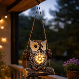 Solar Gartenfigur Eule auf Schaukel zum Hängen - 17 x 14 cm - Eulenfigur warm weiß beleuchtet wasserfest für Außen - Braun