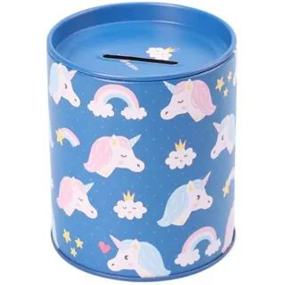 Spardose für Kinder, Einhorn, originelle Spardose aus Dose mit Deckel, Tiermotiv. Preiswerte Spardose für Kinder, die auch als Stiftdose verwendet werden kann (Einhörner blau)