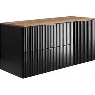 Rodan | Badezimmerschränke 120cm | Schwarz Matt - Holz | B/H/T 120/57/46 cm | Geriffelte Türen - Braune Platte - Badmöbel - Badschrank - Schwarz