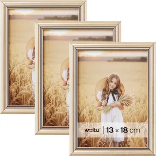 WOLTU Bilderrahmen 13x18, 5er set, Massivholz Fotorahmen mit Passepartout | Gold, Front aus PS-Platte, Posterrahmen zum vertikalen oder horizontalen Aufhängen und Aufstellen, Collage Wanddeko