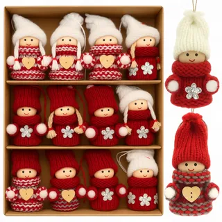 MIJOMA 12er Set Weihnachtswichtel – Handgemachter Baumschmuck aus Holz & Stoff – Deko-Wichtel für Tannenbaum Adventskranz Geschenkanhänger (Wichtelkinder mit Mütze)