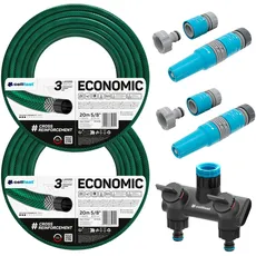 Cellfast - 2 x Economic Gartenschläuche 3-lagig 5/8 Zoll 20 m + 2 Sets verstellbare 1/2 Zoll (12,5 mm) Schlauchtülle + ergonomischer Doppelverteiler