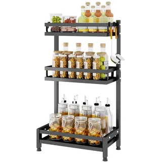 Mointal Stehend Küche Gewürzregal, 3-Stufig Arbeitsplatte Gewürz Lagerung Regal Veranstalter, Kondiment Gewürz Rack Gewürze Dosenhalter mit 4 Haken, Schwarz