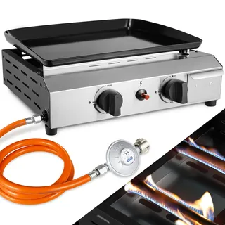 LIFERUN Gas Plancha Grillplatte, Tischgasgrill, Plancha Gasgrill Edelstahl | 2 Brenner, 4,8KW(16500 BTU), Keramische Lackbeschichtung Grillfläche, Camping Tischgrill Gas Garten, Terrasse(Butan/Propan)