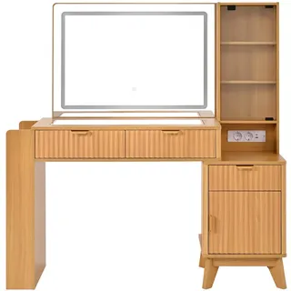 Flieks Schminktisch LED Spiegel USB Schubladen Weiß Modern , Naturfarben , Holzwerkstoff , 133x136x40 cm , Schlafzimmer, Schminktische