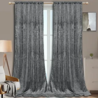 Rosnek Samt Vorhang Grau Gardinen Kräuselband 2er Set,H225xB132CM Thermogardine Luxus Vorhang Blickdicht mit Muster,Übergardinen Vorhänge Verdunkelung Barock Deko für Wohnzimmer,Grau