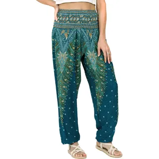 Lofbaz Damen Haremshose Yogahose Pumphose Hippie Hose Boho Kleidung Festival Outfit Sommerhose Leicht Sommer Hosen - Peacock 1 Teal Grün 4XL Große Größen