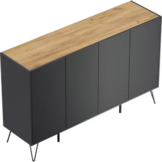Posseik Sideboard Industrial P 4 Schubladen 4 Türen 155 cm Grafit Eiche Top