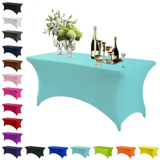 Spandex Stretch Tischdecke Hellblau,6FT Hohem Elastik Waschbare und knitterfreie rechteckige Stretch Tischdecke,Elastische Tischdecken für Geburtstags,Hochzeit,Weihnachten,Bankett Tischdekoration