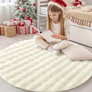 Homaxy Hochflor Teppich mit 3D Bubble Muster Weich Flauschig Teppiche, Waschbar Antirutsch Klein Teppich für Wohnzimmer, Kinderzimmer, Schlafzimmer - 120 cm Rund, Creme