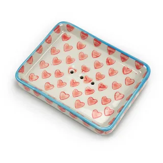 PARUSIA Seifenschale mit Ablauf, Keramik, Porzellan, Seifenschale ohne Bohren, 4 Designs: Ranken, Herzen, Blüten, Ornamente, für Feste Seife, Kernseife, festes Shampoo, Haarseife (Herzen rot)