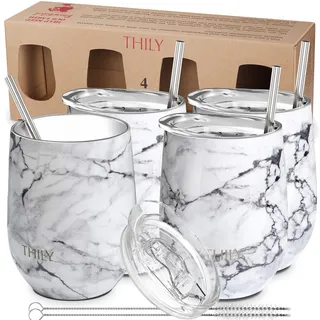 THILY Weingläser aus Edelstahl, vakuumisoliert, Reiseweingläser-Set mit verschiebbaren Deckeln und Strohhalmen, hält kalt für Saft, Cocktails, Bier, weißer Marmor