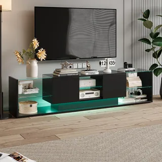 Fortuna Lai LED TV-Lowboard 200 cm – Hochglanz Fernsehtisch mit RGB-Beleuchtung & Glasablagen – Modernes TV-Board mit Stauraum, Schwarz - Schwarz