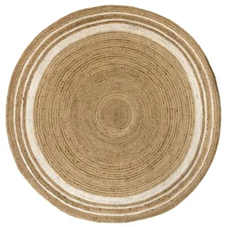 HAMID Jute Teppich Rund, Alhambra Teppich Handgewebt 100% Naturfaser de Jute, Wohnzimmer, Schlafzimmer, Flurteppich, Farbe Natur/Weiß, (200x200cm)