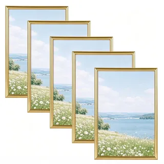 Alishomtll Gold Bilderrahmen 5er Set, 15x20cm, Fotorahmen mit HD-Acrylglas Bilderrahmen zum Aufhängen/Aufstellen Fotogalerie Display Kunststoffrahmen Set für Mehrere Bilder Fotos, Gold