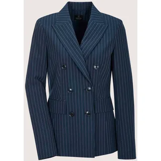 Jackenblazer MADELEINE "Blazer Longblazer mit Nadelstreifen", Damen, Gr. 34, blau (nachtblau, wollweiß), Obermaterial: 63% Polyester PES. 33% Viskose CV. 4% Elasthan EL., Modern, oversize, Blazer Jackenblazer, Doppelt gesetzte Knopfleiste