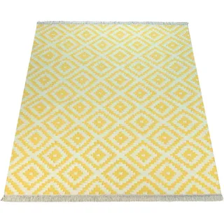 Paco Home Wollteppich »Kenitra 500« rechteckig 12 mm Höhe Flachgewebe, reine Wolle, handgewebt, Rauten Design, mit Fransen, gelb