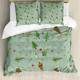 ABAKUHAUS Weihnachten Bettbezug, Feiertags-Baum-Muster, Milbensicher Allergiker geeignet mit Kissenbezügen, 155 cm x 220 cm - 80 x 80 cm, Mehrfarbig