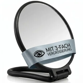 PARSA BEAUTY Stellspiegel mit 3-Fach Vergrößerung – Doppelseitiger, runder Kosmetikspiegel, schwarz, modernes Design für präzises Stylen – Spiegel zum Stellen und Hängen – 14,5 x 14 x 1 cm