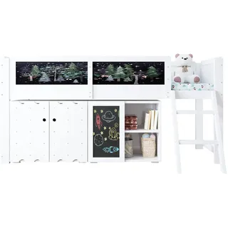 Wishdor Hochbett 90/200 cm in Weiß & Schwarz mit Schrank, Tafel und Geländer , Holz, Holzwerkstoff , Rechteckig , 90x200 cm , Babymöbel & Kindermöbel, Kinderzimmer & Jugendzimmer, Kinderbetten