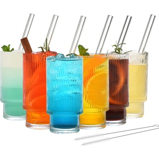 ALINK Cocktail Gläser 6er Set, Bier Glas, Wassergläser,Longdrinkgläser,Trinkgläser, Eiskaffee Gläser mit Strohhalm,Trinkglas in Dosenform für Familie, Camping, Party, Bar(310ml)