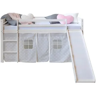 Homestyle4u Hochbett mit Vorhang und Rutsche 90 x 200 cm Kiefer massiv lackiert Weiß/Sterne